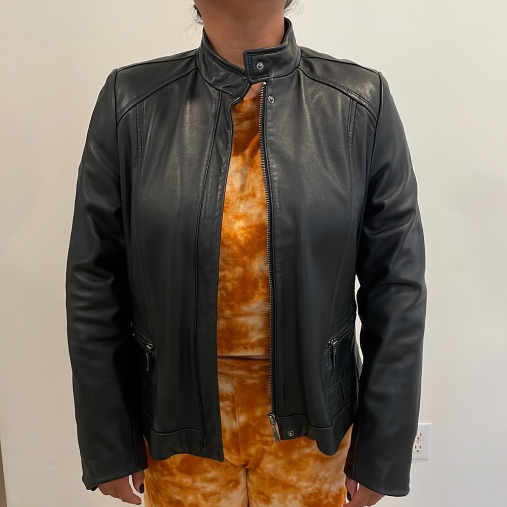 Black leather biker jacket